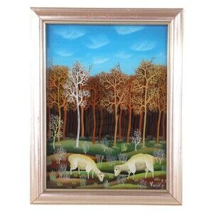 Vintage 70s P. Vulic Reverse Glass Painting Orange Sheep Hlebine Folk Art Rare